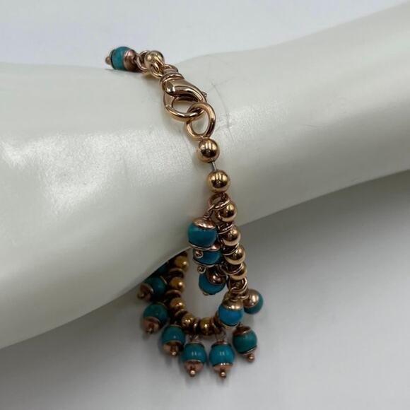 Milor Bronze Italy Faux Blue Turquoise Beaded Dangle Rose Tone Bracelet - Picture 7 of 8